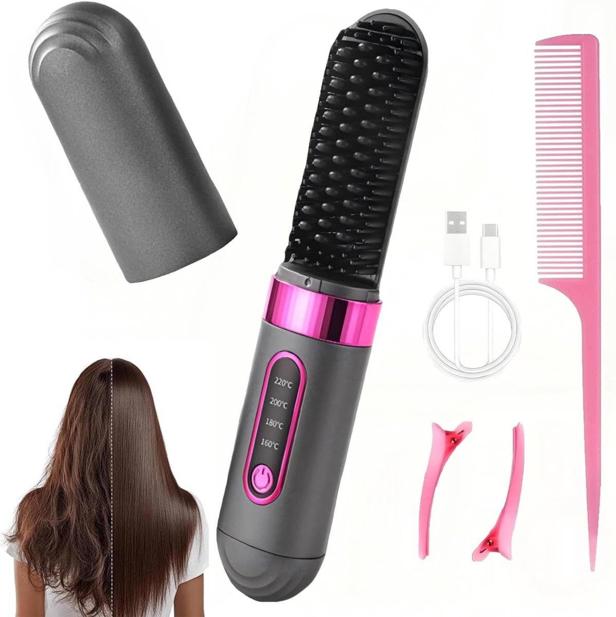 Thijox - Go Brush Pro Draadloze Haarstylingborstel, USB-oplaadbare Stijlkam met 4 Temperatuurinstellingen, Verwarmde Stylingborstel voor Kort Haar, Pe