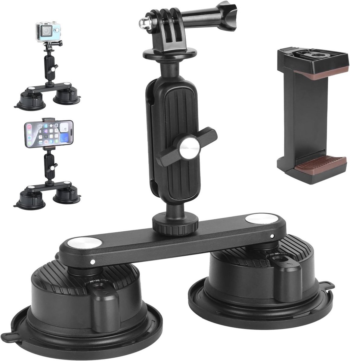 Dual Camera Suction Cup Houder met Magnetische Bevestiging, Actiecamera Steun met Balhoofd en Magische Arm, Ideaal voor Auto en Sportcamera's tot 3 kg Belastbaar