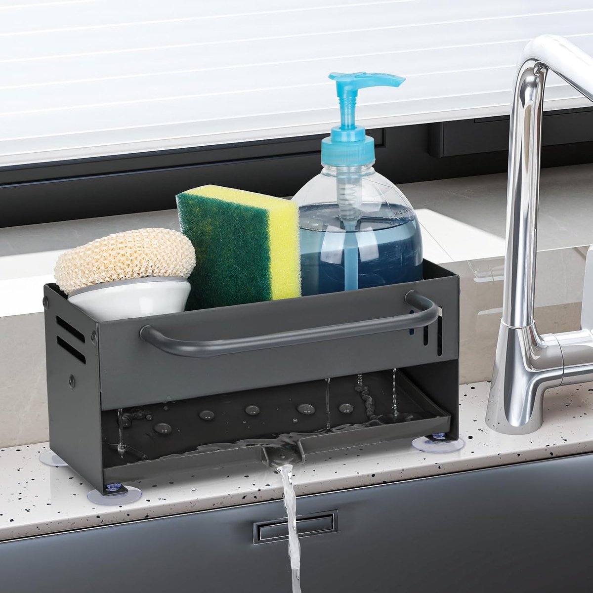 SnelShoppen - Sink Organizer Keuken, Carbon Staal Afwas Spons Houder met Afvoer, Vaatdoek Houder met Verwijderbare Druipbak, Keuken Caddy met Vaste Va