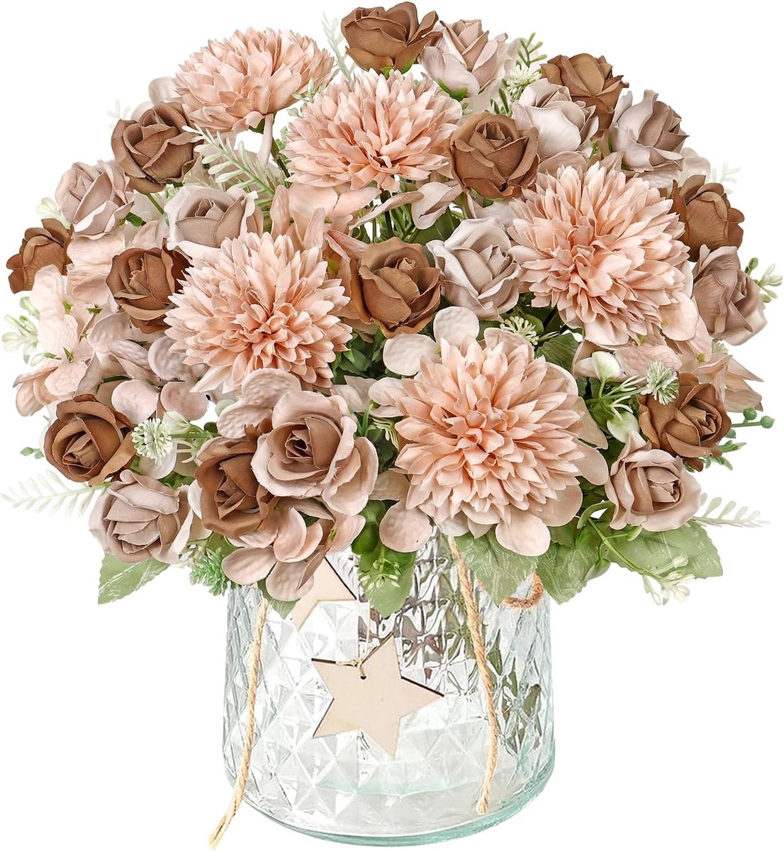 SnelShoppen - 2 Bundels Kunstbloemen Hydrangea en Rozen, Herfst Bruin, 30 cm, Zijde Bloemen voor Bruiloft, Feest, Keuken, Tafelversiering, Bloemarrang