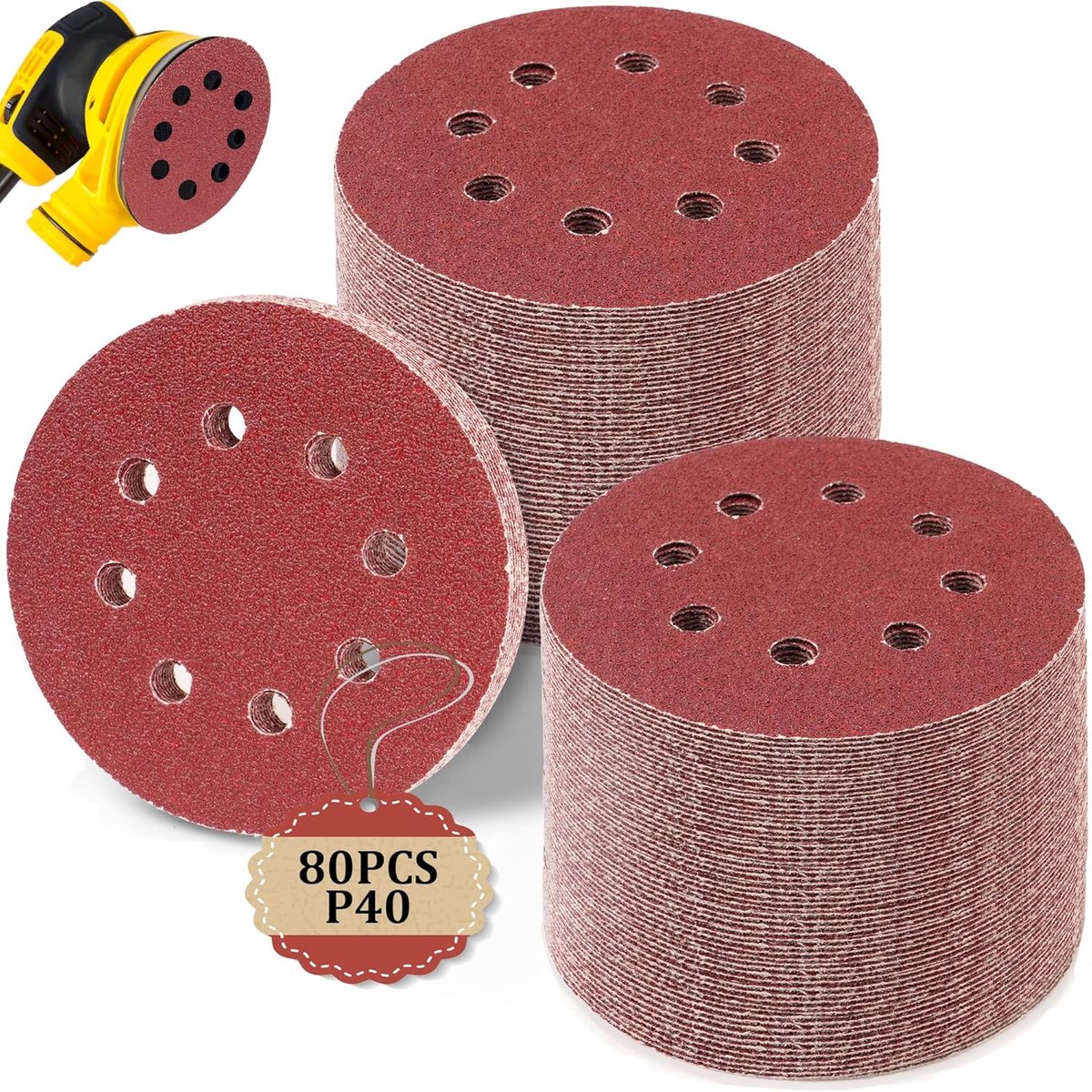 SnelShoppen - Schuurpapier 80 stuks 125 mm Klittenband Schuurschijven 5-in-8 gaten 40 korrels voor hout, metaal, kunststof - Accessoires elektrisch ge