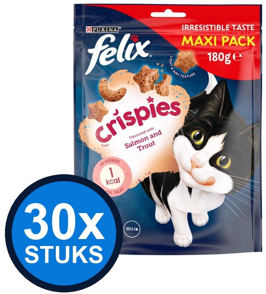 30x Felix - Crispies Zalm & Forel Maxipack - Kattenvoer Snacks - 180 g