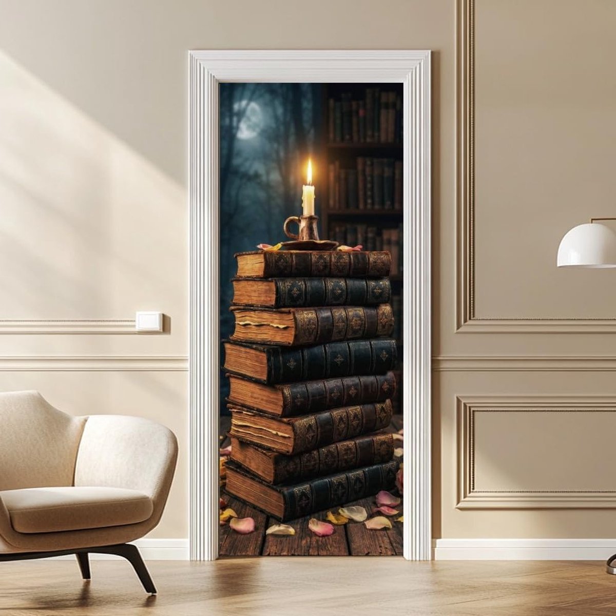 2 Vellen Zelfklevende Deursticker Vintage Boeken en Kaarsen, 80 cm x 200 cm, Afneembaar PVC Behang voor Slaapkamer en Woonkamer Decoratie