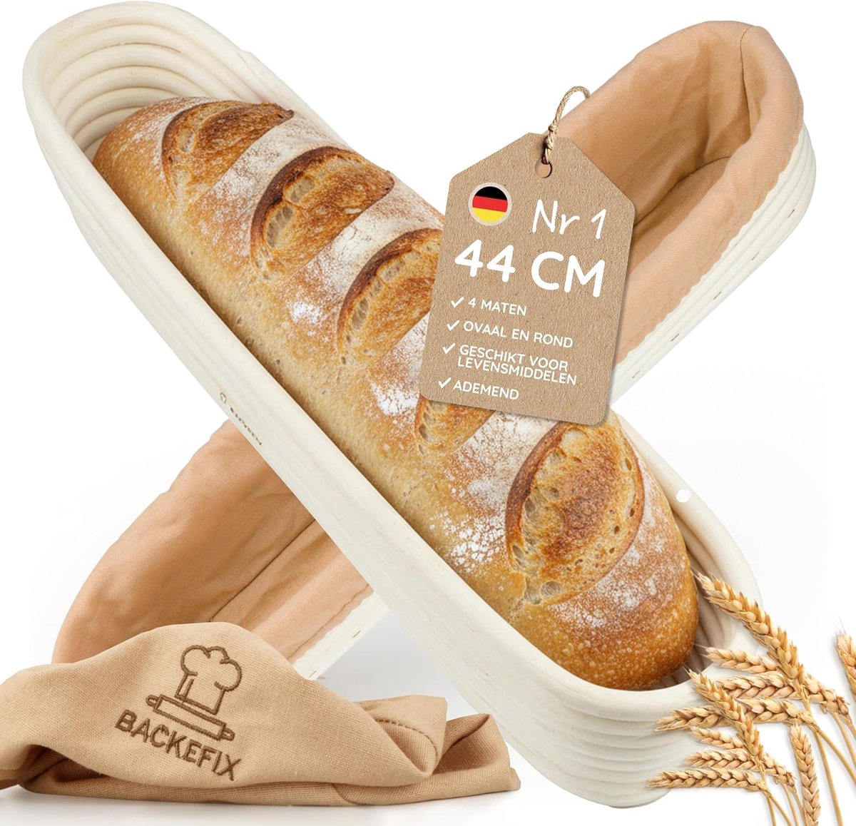 SnelShoppen - Backefix Gärkörbchen Oval 44 cm voor Baguette | Handgemaakte Rattan Gärkorb met Leinentuch | Ideaal voor Hobbybakkers en Brood Bakaccess