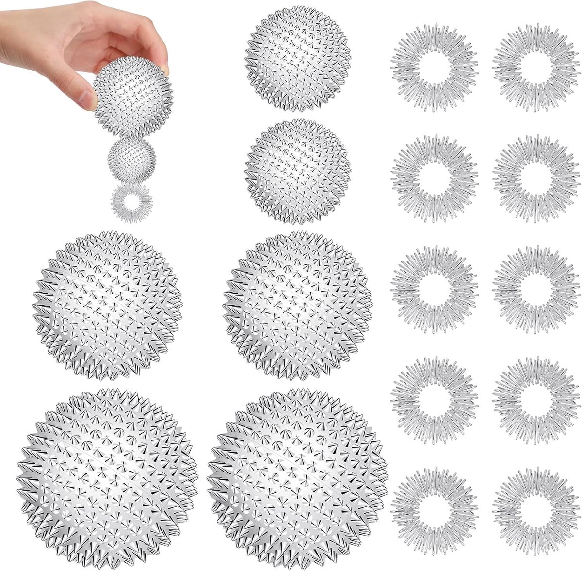 Thijox - 6 Magnetische Acupressuur Ballen met 10 Massage Ringen voor Stressverlichting - Egel Massageballen 32mm/47mm/56mm - Silicone - Zilver - Ideaa