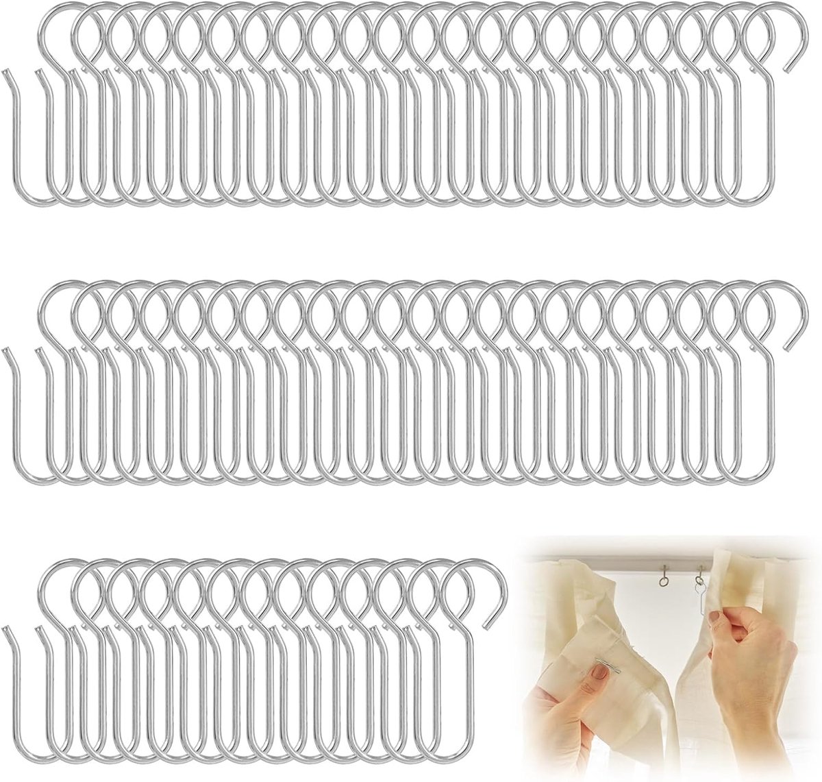 SnelShoppen - 100 Stuks Gordijnhaak Set, Metalen S-Haken, Zilver, Gordijnhaken voor Rails, Gordijnrollhaak, Douchegordijnhaken, 35mm