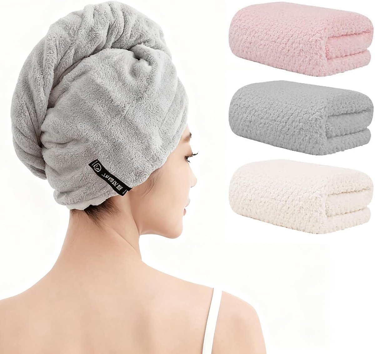 SnelShoppen - 3 Stuks Haar Turban Super Zacht Absorberende Microvezel Haarhanddoek met Elastische Band voor Vrouwen en Kinderen met Lang Krullend Haar