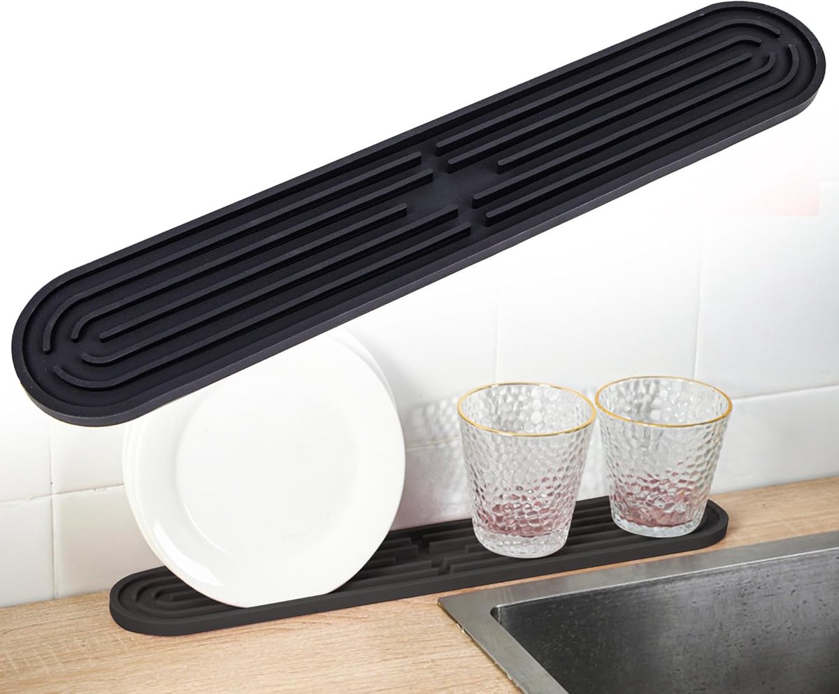 SnelShoppen - Draining Mat, Smalle Barmat, Silicone Droogmat voor Glazen, Flessen, Snijplanken, Antislip, Vaatwasserbestendig, 43 x 7.5 x 1 cm, Zwart