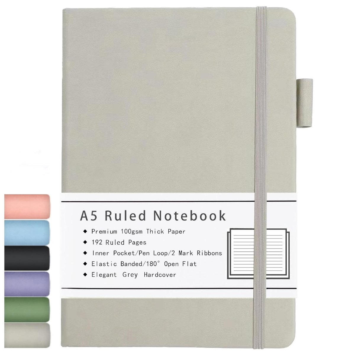 SnelShoppen - A5 Notitieboek Lined Hardcover Journal met 100gsm Dikte Papier, 192 Pagina's, Elastische Band, Faux Leer, Grijs, Ideaal voor Notities, P