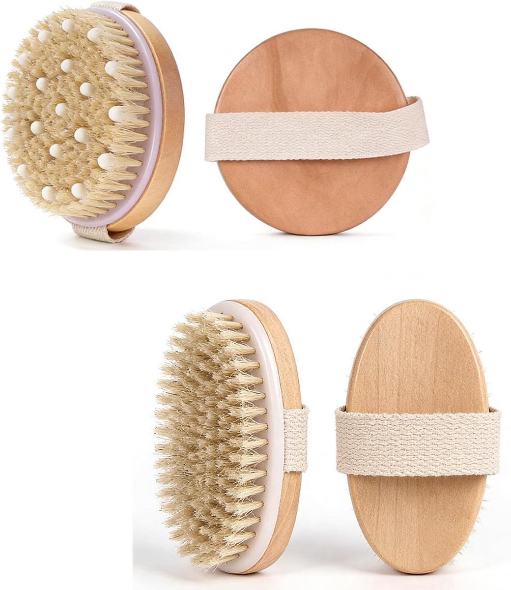 SnelShoppen - 2 Stuks Massage Borstel Set, Droogborstel en Lichaamsborstel met Natuurlijke Haren voor Lymfedrainage, Cellulite Vermindering, Verbeter