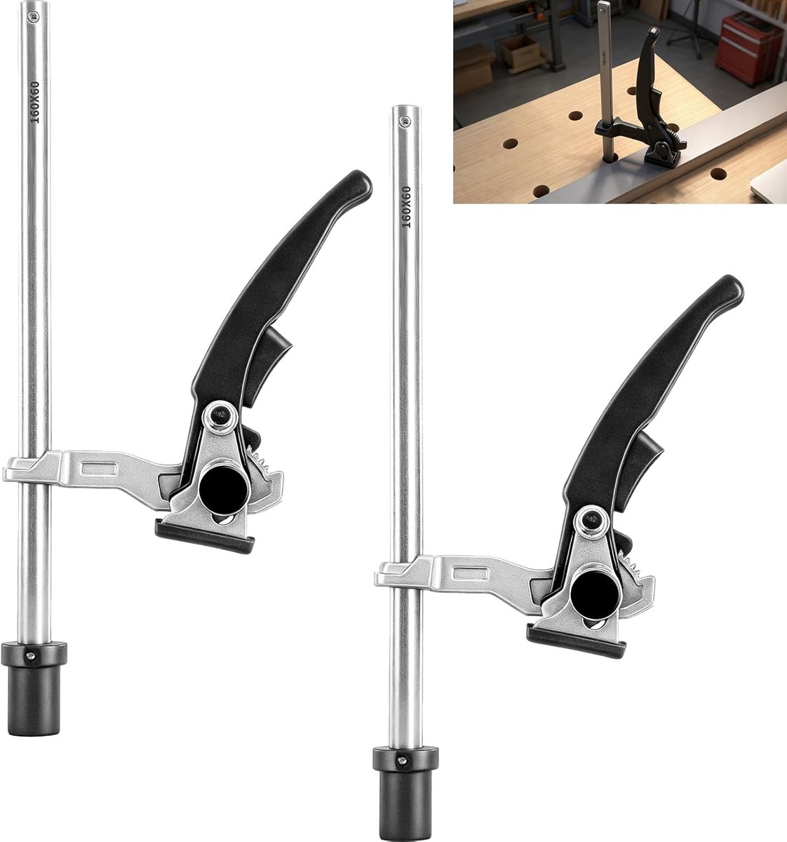 SnelShoppen - Pack van 2 Klemhouders, Snelle Ontkoppelaar Tafel Klem 20 mm, Tension Bereik 160 mm, Een-Hand Klem met Hefhandvat voor Werkbank, Snijden