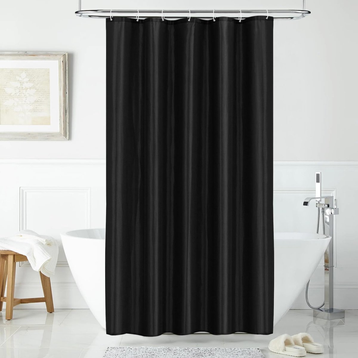 SnelShoppen - Polyester Douchegordijn 100 x 200 cm Waterdicht en Schimmelbestendig met 7 Haakjes - Zwart, Perfect voor Badkamer en Douche