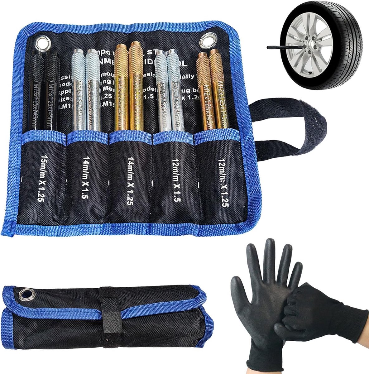 SnelShoppen - Wheel Alignment Pin Set van 10, Auto Wielmontagehulpmiddel, M12 & M14 & M15, Legering Staal, Inclusief Handschoenen, Voor Band Montages