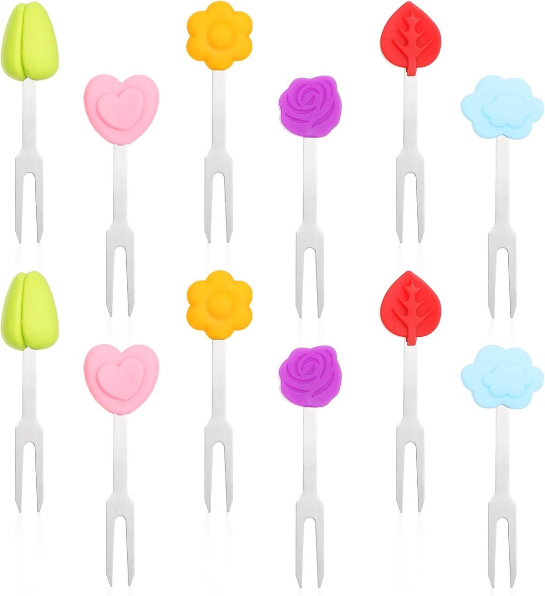 SnelShoppen - 12 Pcs Kids Fruit Forks Set - Roestvrijstalen Mini Fruit Vorken met Siliconen Handvat - Herbruikbare Fruit Vorken voor Kinderen - Leuke