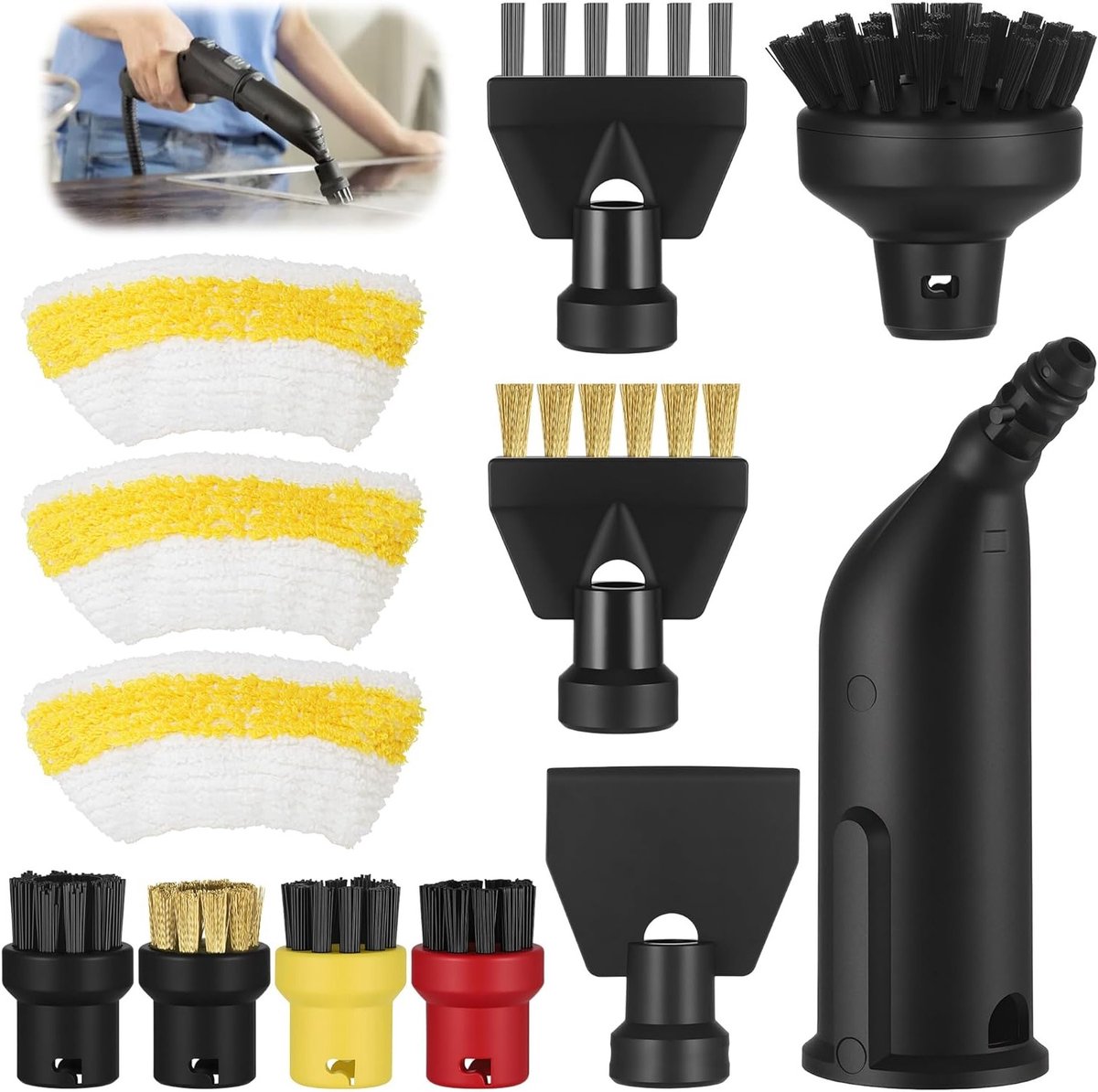 Set van 12 accessoires voor stoomreinigers, inclusief handatomiser, ronde borstel, spleetborstel, microvezeldoeken en schraper voor optimale reiniging en onderhoud