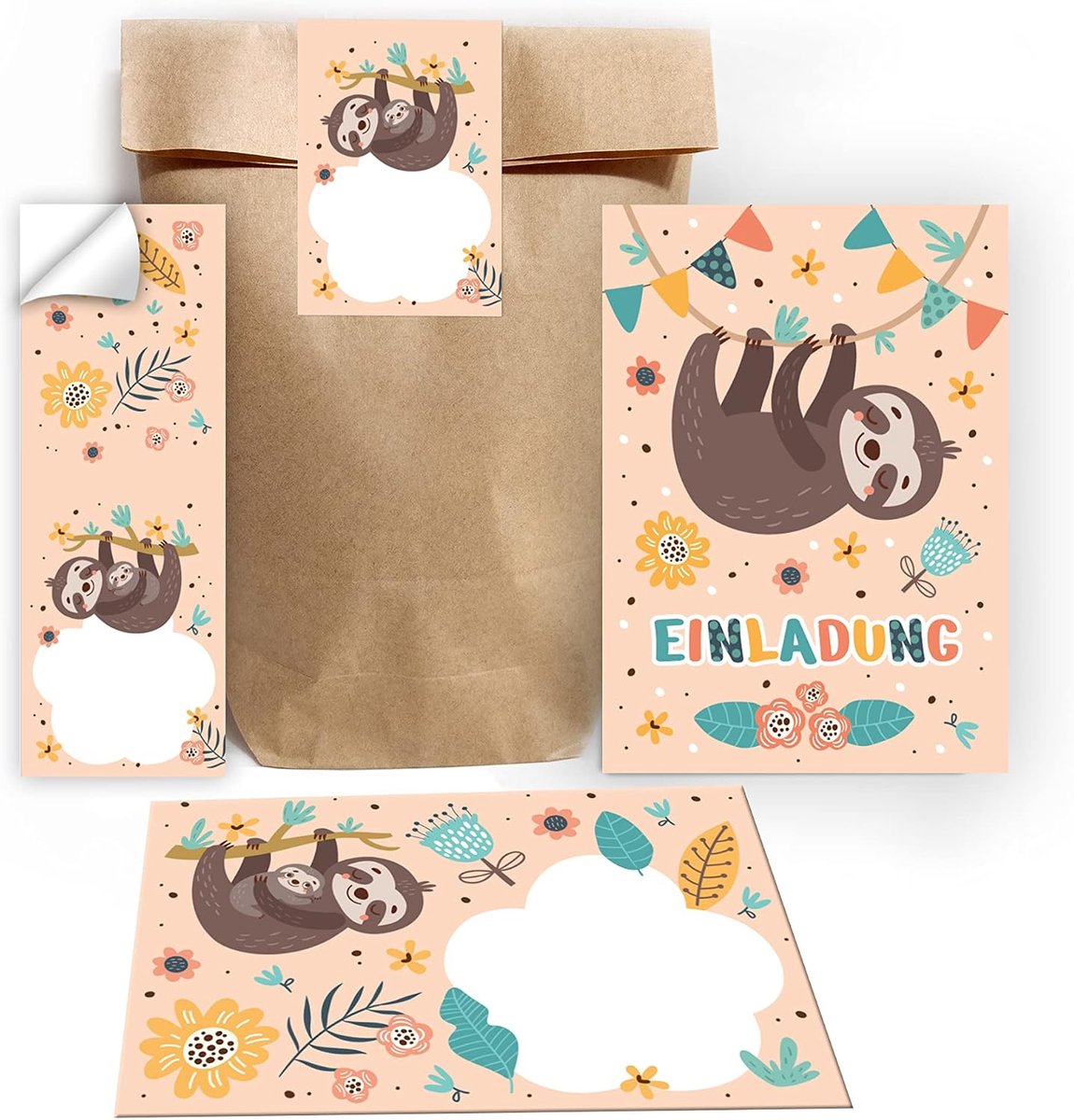 SnelShoppen - 12 Uitnodigingskaarten voor Kinderfeestjes - Sloth Thema - Inclusief 12 Enveloppen, 12 Cadeautassen, 12 Stickers - 10,5x14,8 cm - Creati
