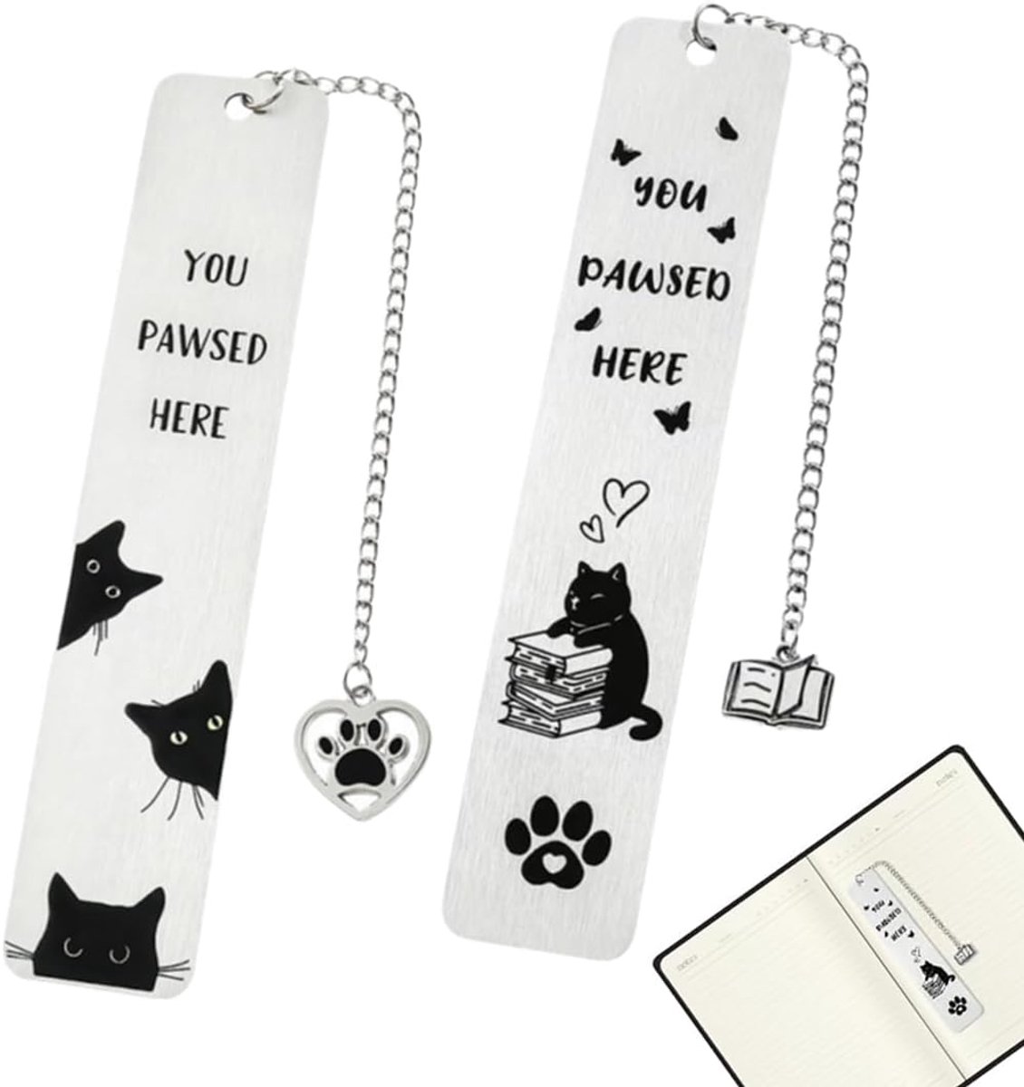 SnelShoppen - Twee Delige Gepersonaliseerde Metaal Boekenlegger Set met Ketting en Kat Bedel, Perfecte Boekaccessoires voor Boekenliefhebbers en Jonge