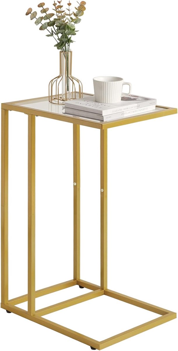 SnelShoppen - YMYNY C-vormige Bijzettafel, Laptop Tafel, Glazen Tafel met Metaal Frame, Tempered Glas, Gouden Accenten, Compact en Ruimtebesparend voo