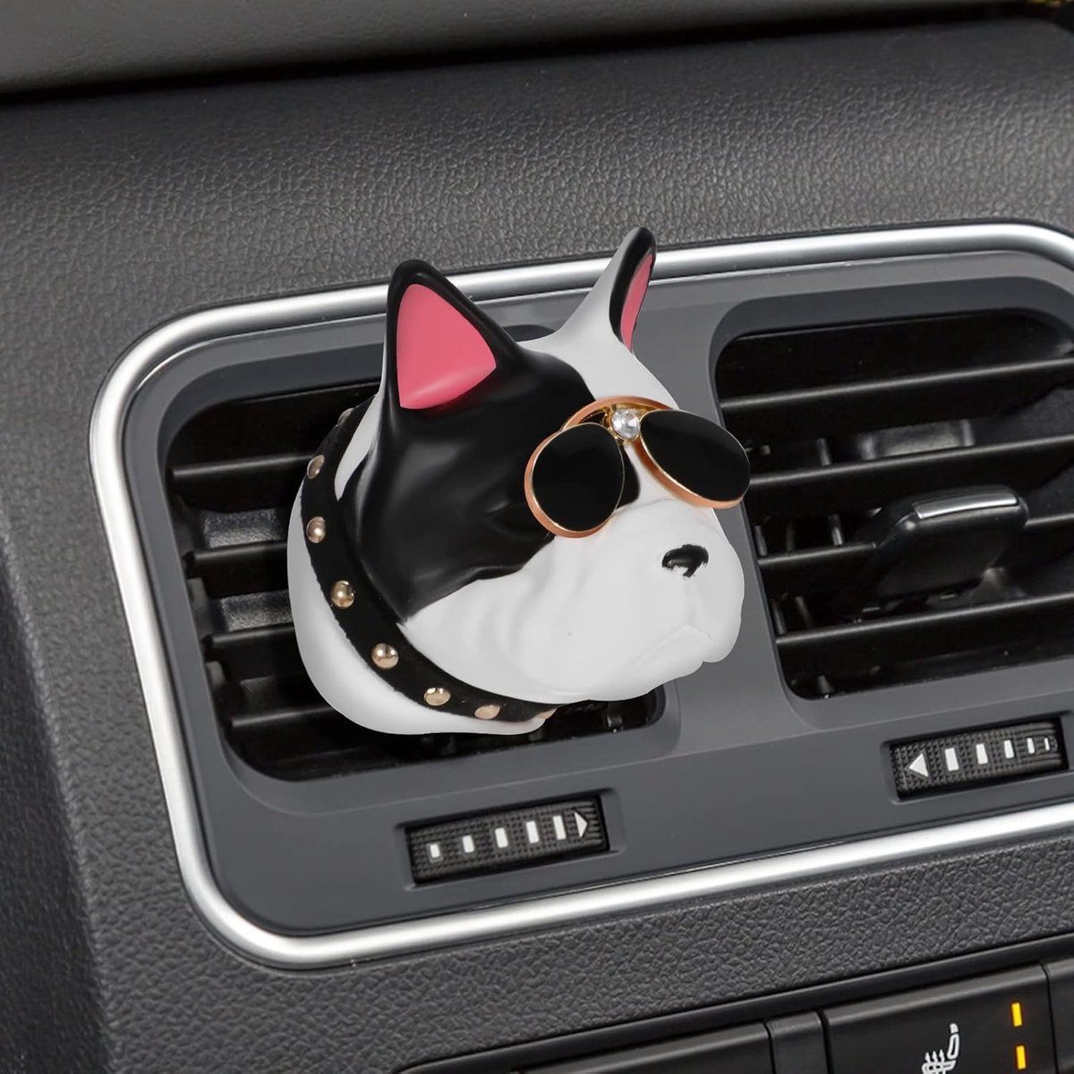 SnelShoppen - French Bulldog met Zonnebril - Auto Aromatherapie - Essentiële Olie Diffuser - Luchtverfrisser - Ventilatie Clip - Wit/Zwart - Air Purif