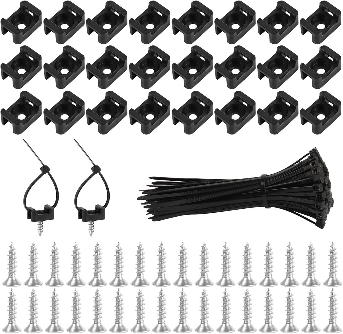 SnelShoppen - Pack van 130 Zwarte Kabelhouders met Schroefbevestiging, Nylon Kabelbinders en Schroeven, Ideaal voor Kabels Bevestigen in Huis en Tuin