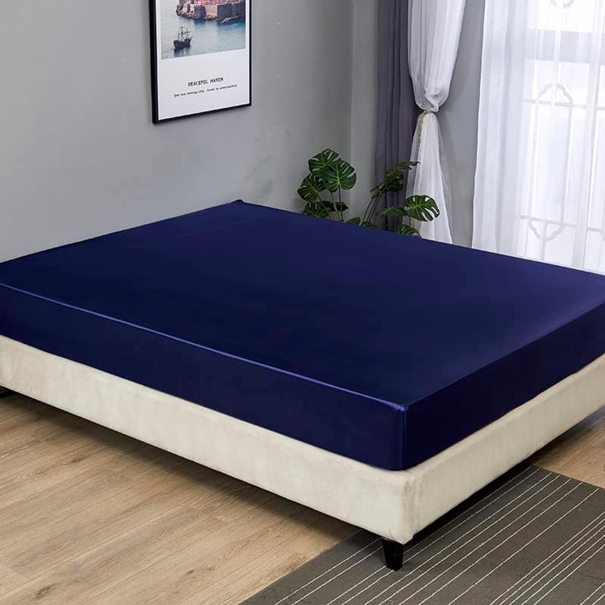SnelShoppen - Luxe Zijden Satijnen Fitted Sheet 12" voor Huidverzorging & Haargezondheid, Hypoallergene Dubbel - Navy Blauw, 138x190x30cm