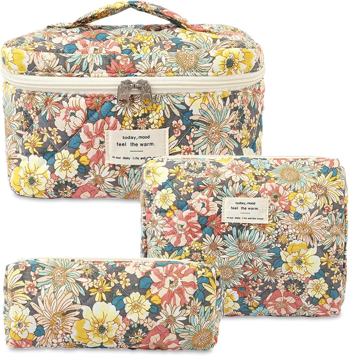 SnelShoppen - 3-delige Coquette Make-up Tas Set, Gequilt Katoenen Cosmetica Tassen voor Vrouwen, Grote Capaciteit Aesthetic Bloemen Toilettas, Reistas