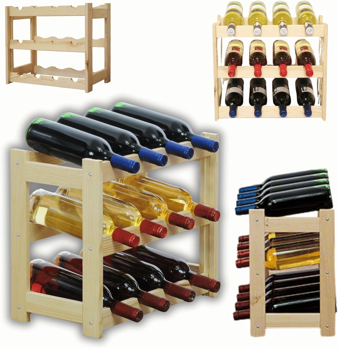 SnelShoppen - Houten wijnrek, onbewerkt, 43.5 x 25 x 38 cm, voor 12 flessen, 3 lagen, ideaal voor keuken, woonkamer, feest en camping