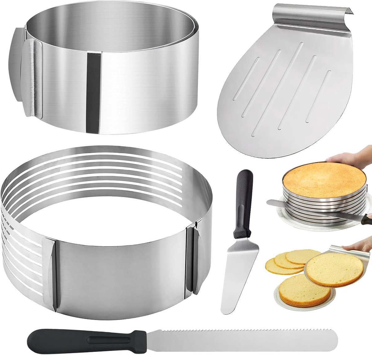 SnelShoppen - 5-Delige Cake Ring Set Verstelbaar met Cake Mes, Cake Snijhulp & Spatel, RVS Cake Ring Hoog 8 cm voor Laagjes Taarten, Mousse, Keuken Ac