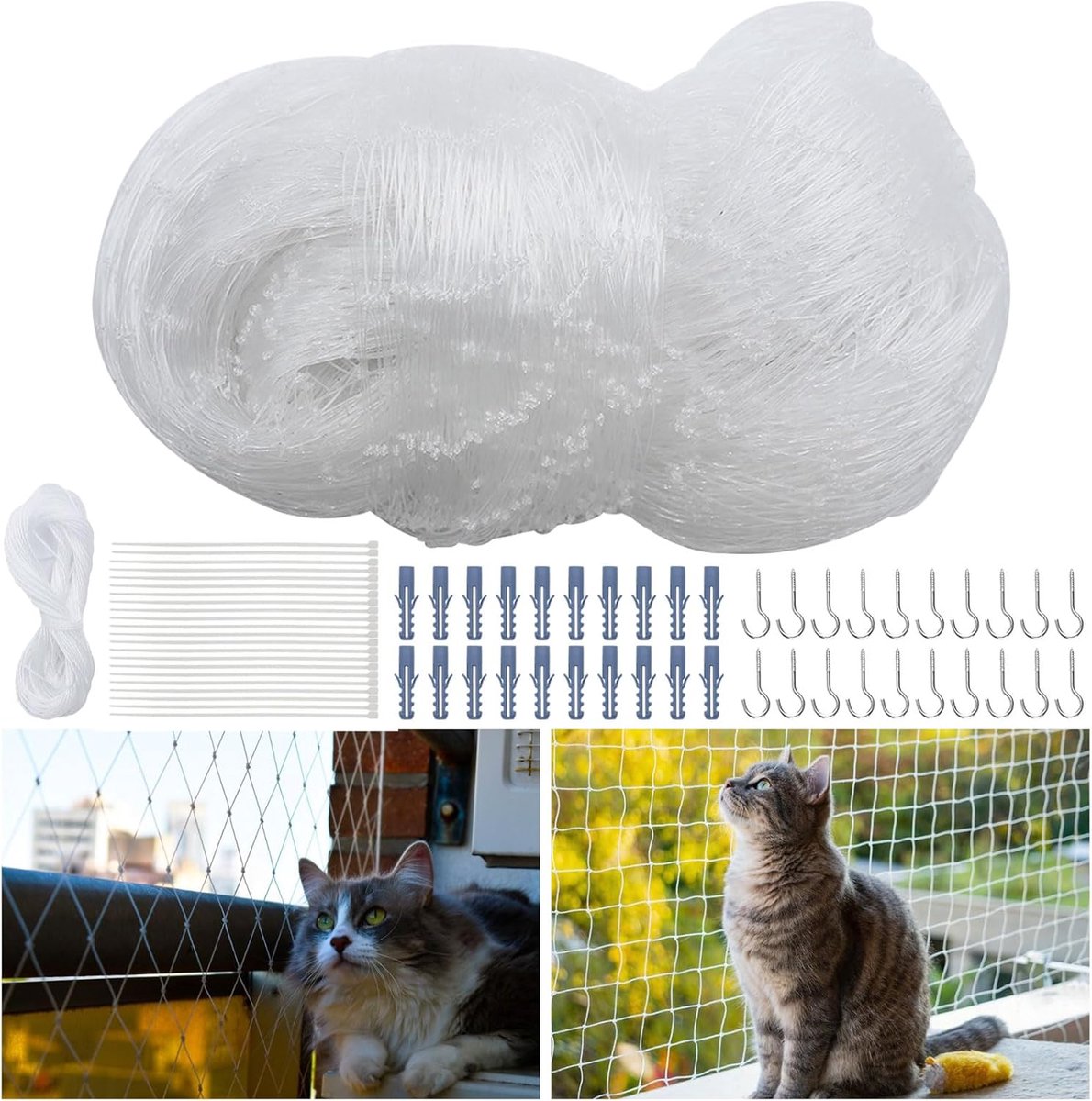 SnelShoppen - Kattennet voor Balkon 4x3m, Geen Boren, 2.5cm Gaas, Veiligheidsnet voor Katten, Kwaliteitsnylon, Balkonbescherming, Terras, Raam (Wit)