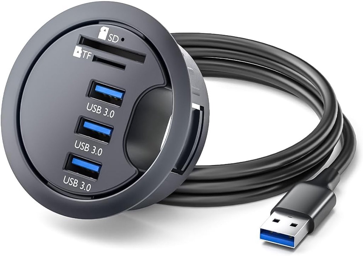 SnelShoppen - USB 3.0 Flush-Mounted Desktop Hub met Grommet, SD/TF Kaartlezer, Ideaal voor Bureau, Compact en Ruimtebesparend, Geschikt voor 69mm Gate