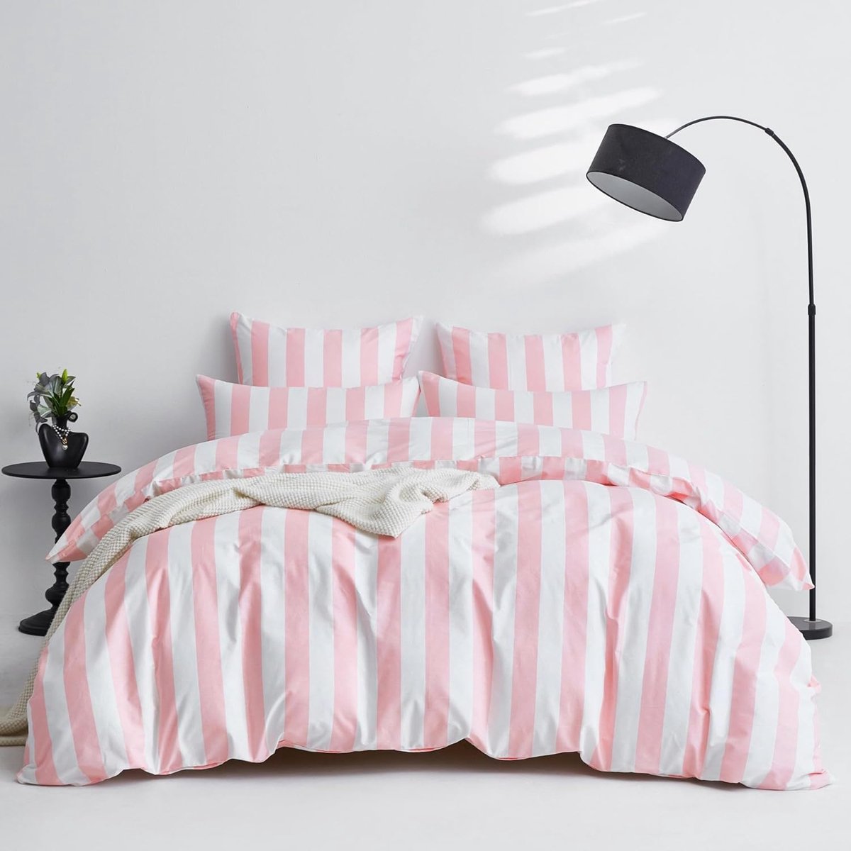 SnelShoppen - 3-delige Beddengoedset Roze en Wit Gestreept, Katoen, 220 x 240 cm, Zacht en Ademend met Ritssluiting en 2 Kussenslopen 80 x 80 cm voor
