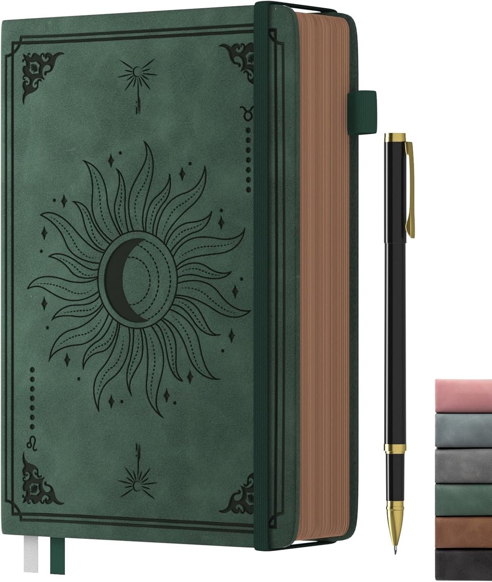 Thijox - Smarpau A5 Notitieboek Vintage Hardcover 366 Pagina's 100 g/m² Inktvast Gelinieerd Dagboek met Pen Donkergroen voor Werk, Kantoor, School en