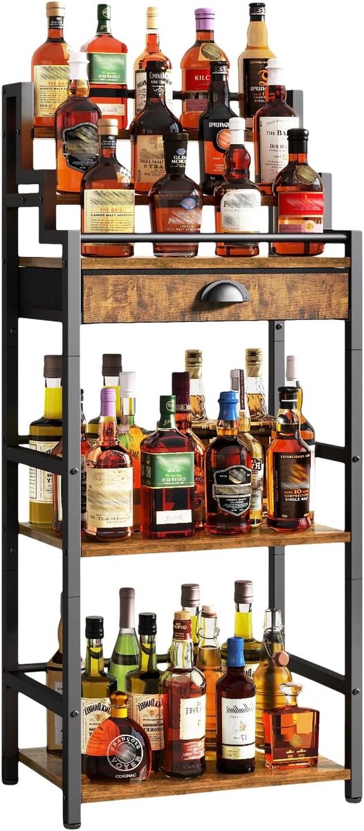 SnelShoppen - Vrijstaand Wijnrek met Lades en Whiskey Presentatie - Bruin Trapezium Flessenhouder voor Woonkamer, Eetkamer en Bar - Grote Capaciteit