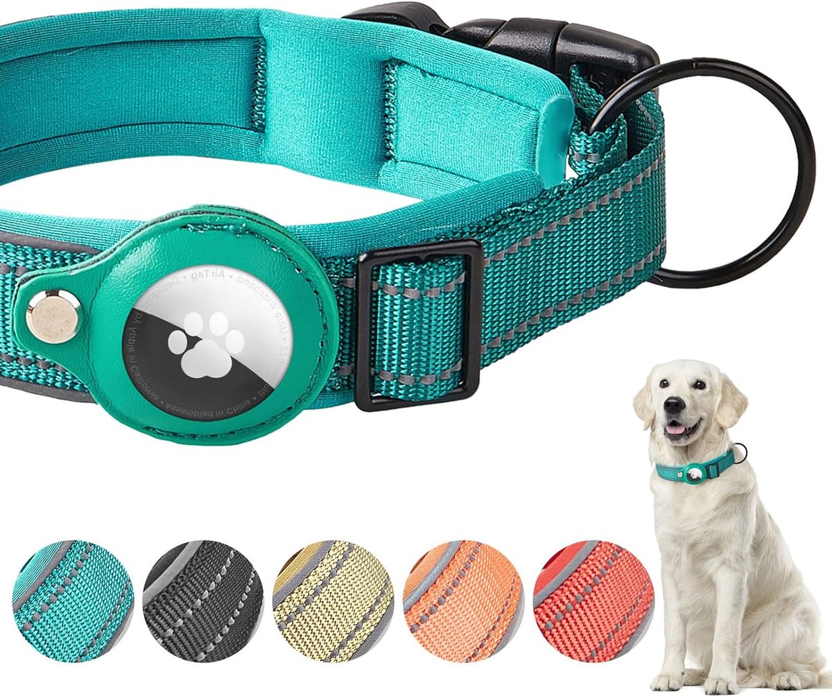 SnelShoppen - Airtag Hondenhalsband - Verstelbare Reflecterende Nylon Halsband met Snelle Ontgrendeling en Houder voor Apple AirTag - Duurzame Antiver