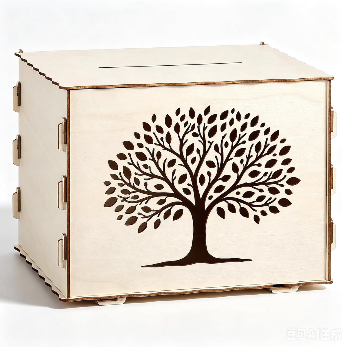 SnelShoppen - Houten Trouwdoos Levensboom Wensput - Decoratieve Spaarpot voor Verjaardagskaarten, Doop, Communie, Vormsel - 6 Houten Planken, 40 Rubbe