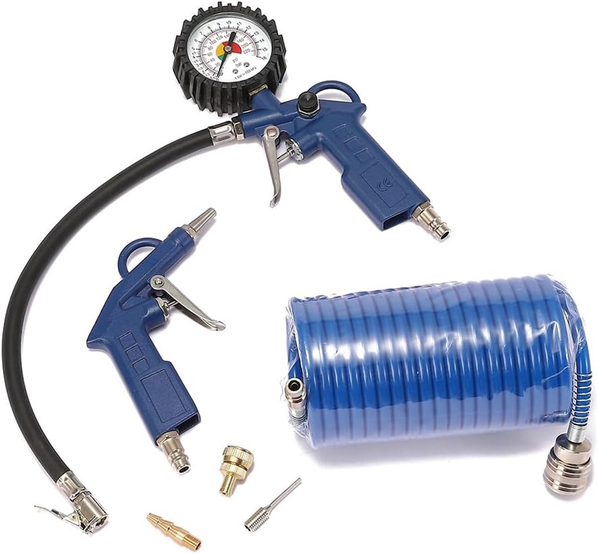 SnelShoppen - 6-Delige Compressor Accessoireset - Luchtcompressor Accessoires - Blauw - Inclusief Bandenpomp, Grote Meter, Drukontlastklep - Voor Stof