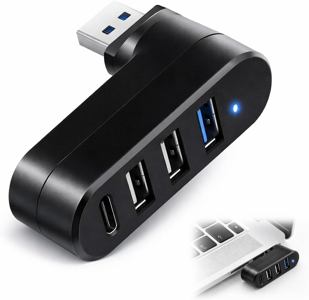 Thijox - USB 3.0 Hub Draaibaar [90°/180°] met 3 USB-poorten en 1 USB-C-poort, High-Speed USB-splitter voor Laptop, MacBook, iMac, Printer en Auto