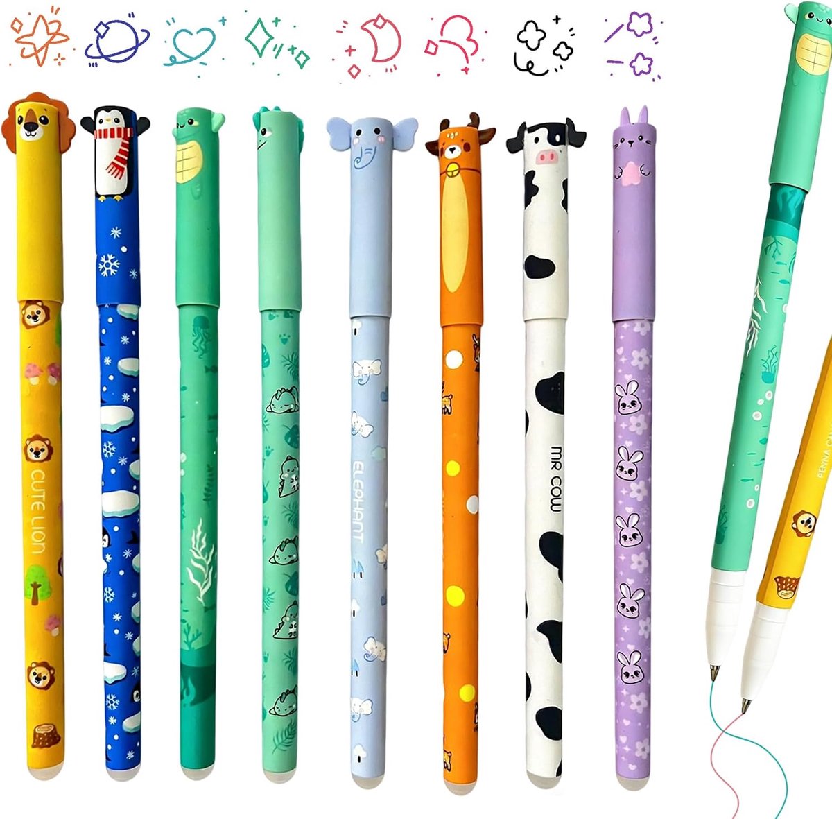 SnelShoppen - Pack van 8 Uitwisbare Rollerball Pennen, 0.8 mm Tip, Erasable School Supplies, Dieren Motieven, Geschikt voor Notities, Journals en Scho