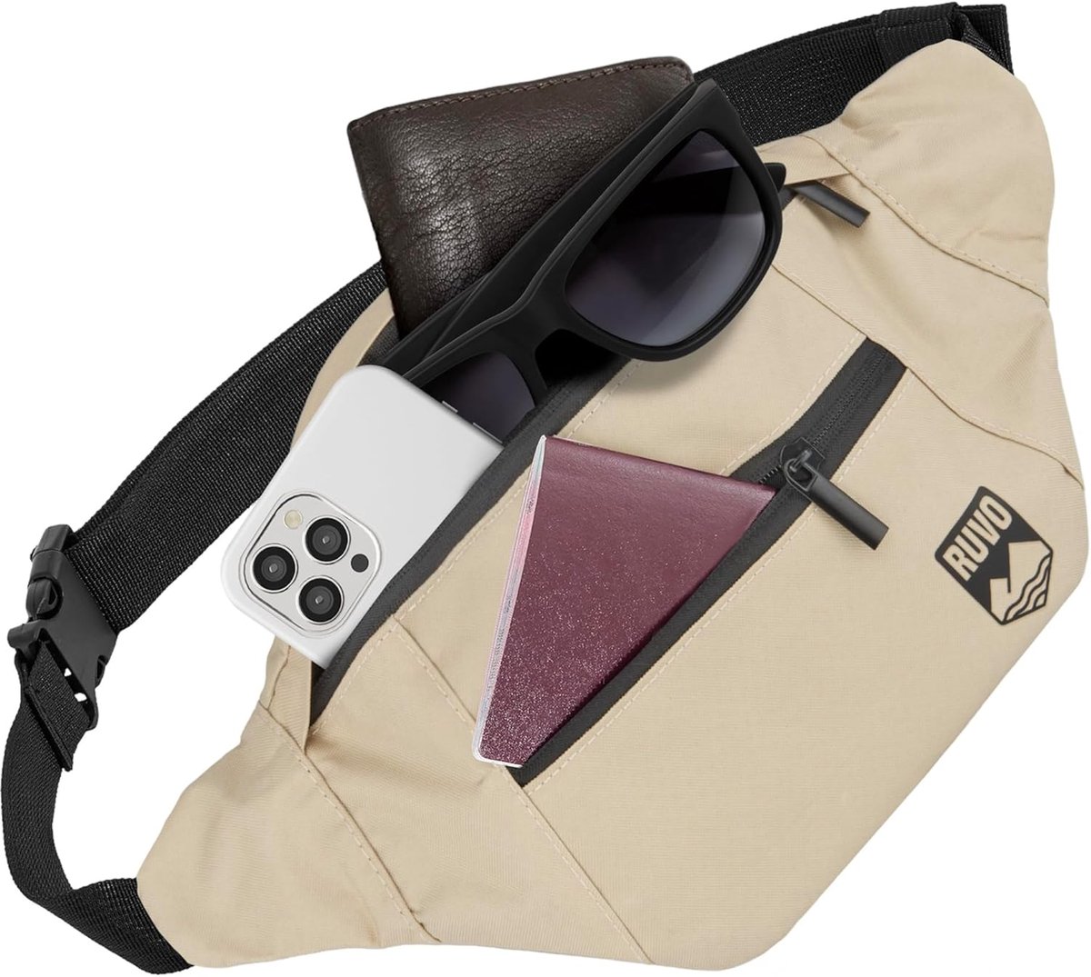 SnelShoppen - Heuptas voor Mannen en Vrouwen, Stijlvolle Taille Tas met 4 Ritscompartimenten, Beige, Waterafstotend, Ideaal voor Activiteiten zoals Fe