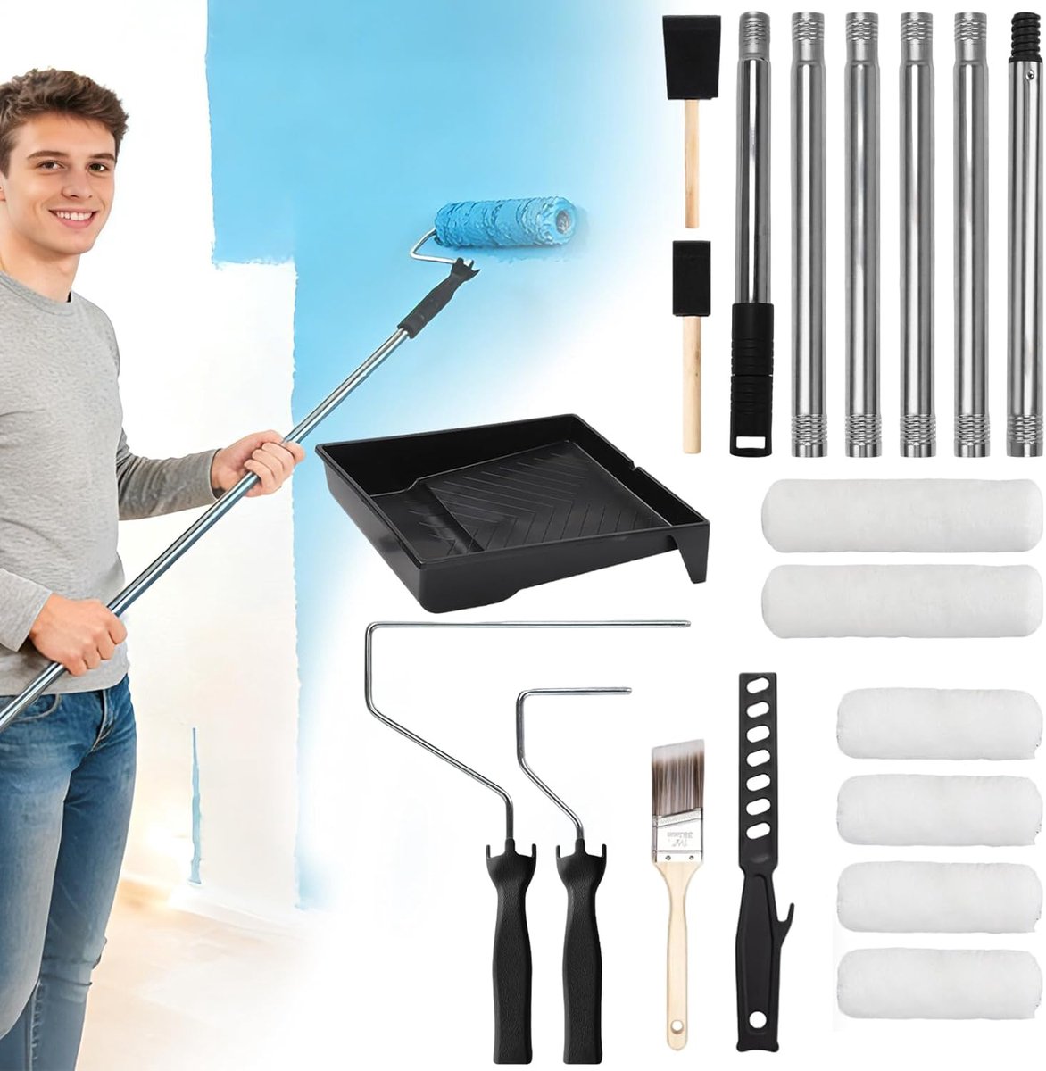 Thijox - Verfroller voor de muur, lekvrij, 22,9 cm, 20 rollen, ergonomische handgreep, ideaal voor schilderen van muren, kunststof, spons, roestvrij s