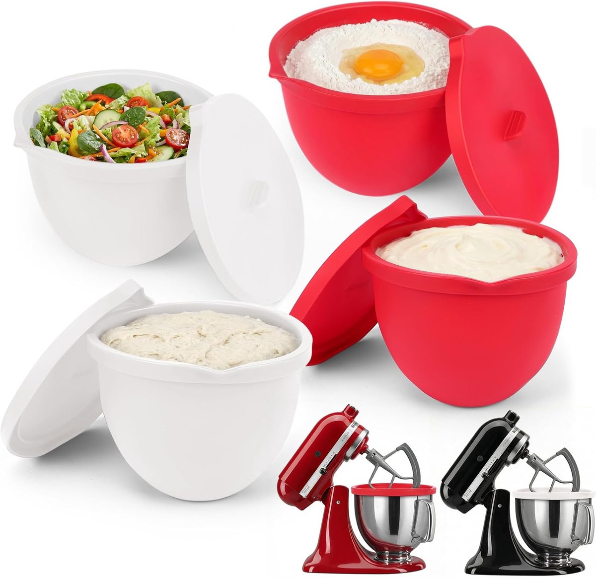 SnelShoppen - Set van 4 Siliconen Schaalinzetstukken met Deksel voor Keuken, Food-Safe, 5 Quart, Rood + Wit, Perfect voor Mixen, Bewaren en Reinigen