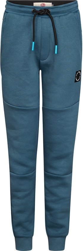 Blauwe joggingbroek met zwart trekkoord, blauwe uiteinden en een 'Petrol Industries' embleem op de broekspijp.