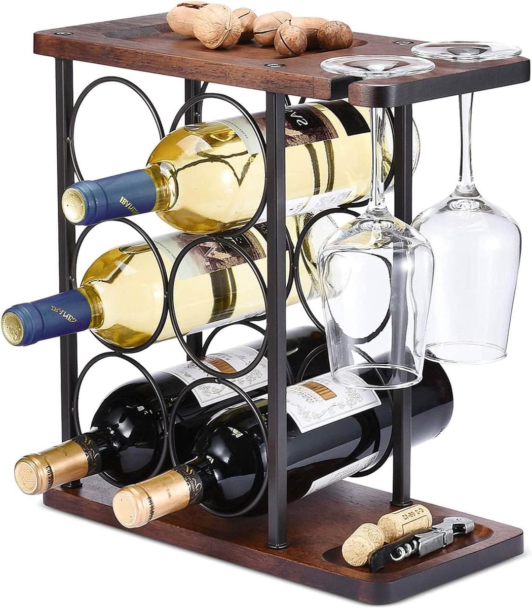 SnelShoppen - Houten wijnrek met glazenhouder, vrijstaand wijnrek met tray, voor 6 flessen en 2 glazen, ideaal voor keuken, woonkamer en feestdecorati