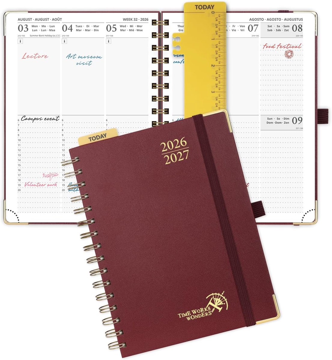 SnelShoppen - Weekagenda 2026-2027 - 17 Maanden Planner met Spiral Binding - 21x16,5 cm - Burgundy Rood - Perfect voor Studenten - 80 GSM Papier