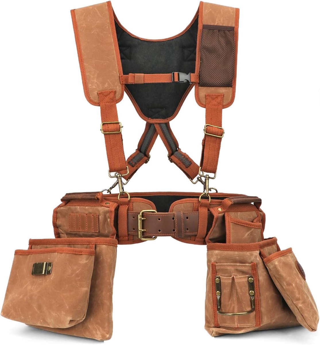 SnelShoppen - Tool Belt voor Houtbewerkers met Braces, Afneembare Gereedschapstassen, Hamerlus, Waxed Canvas en Leer, Ideaal voor Carpenters en Klusse