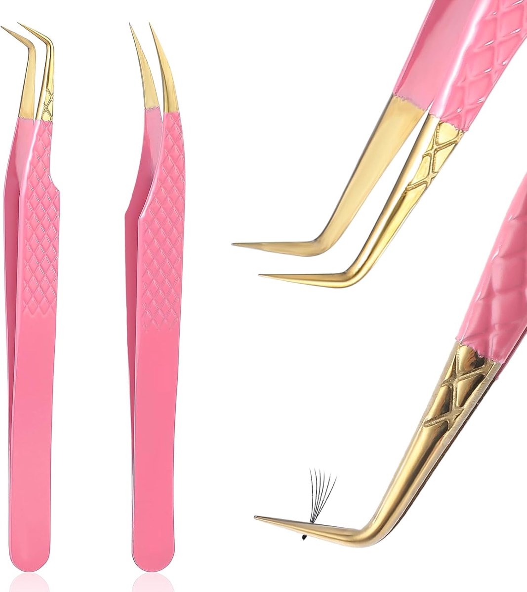 Thijox - 2 Stuks Wimperpincet Roestvrij Staal met Gebogen Punten voor Professionele Wimperverlengingen, 90-Graden Cliplengte, Roze