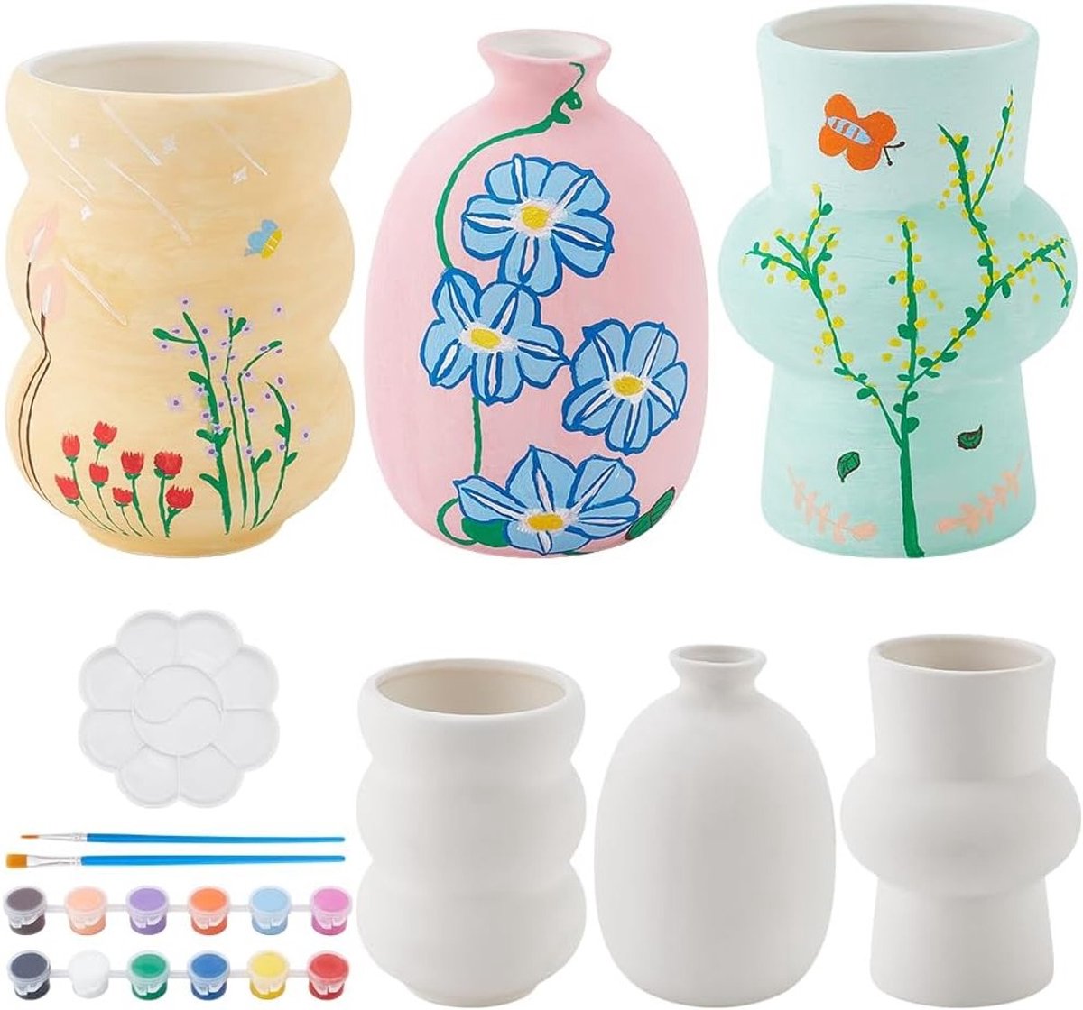 Set van 3 Ongeglazuurde Witte Vazen voor Schilderen - Creatieve Keramische Schilderset voor Volwassenen - Perfect voor Kunstfeestjes, Verjaardagen en Moederdag Geschenken