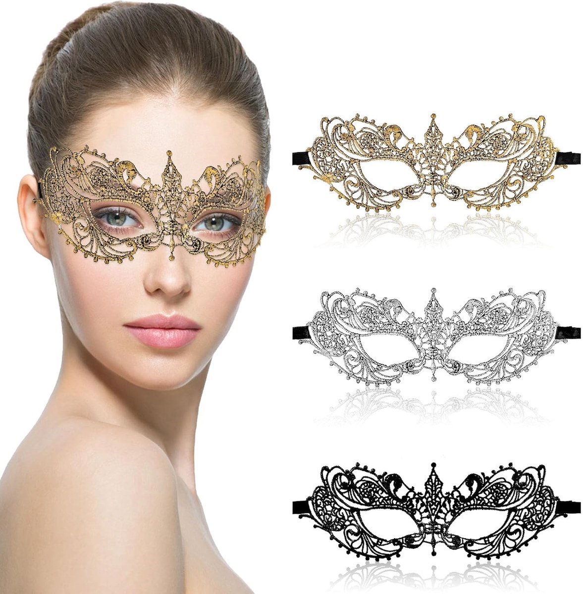 Thijox - 3 Stuks Kanten Maskers voor Vrouwen - Halloween Maskerade Feestmasker - Zachte Venetiaanse Maskers voor Avond Prom en Feestgelegenheden