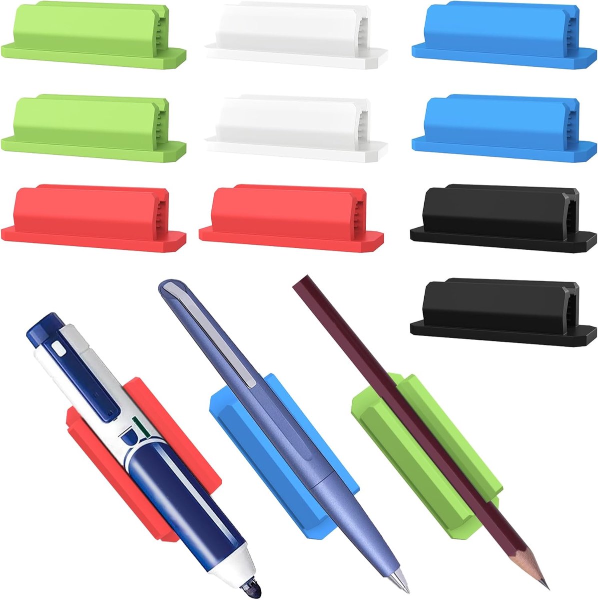 SnelShoppen - Pack van 10 Zelfklevende Penhouders met 10 Extra Plakstickers, Penhouder Set voor Bureau en Vlakke Oppervlakken (5 Kleuren)