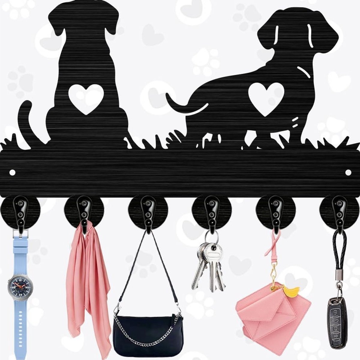 Schattige hondenhartjes wandkapstok met 6 haken voor sleutels, 30x18 cm, decoratieve organ